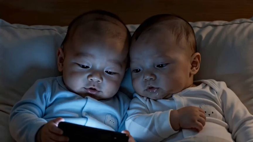 两个可爱的小宝宝专注地看着手机,萌翻啦!😍📱
